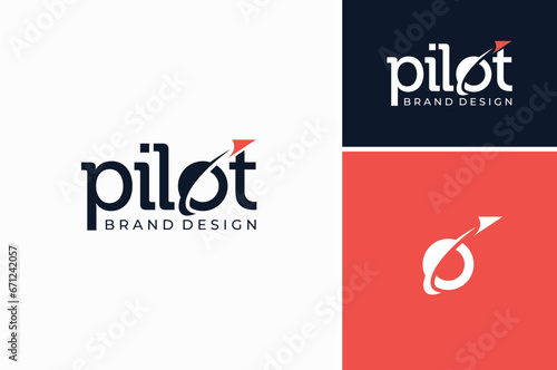 Pilot Paper Plane word mark letter O logotype lettering typography for Airplane Flight Airline Aircraft Aviation logo design