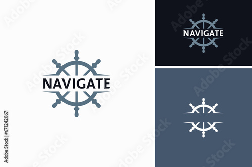 Steering Wheel Sailor Captain Boat Ship Yacht Transport logo design inspiration