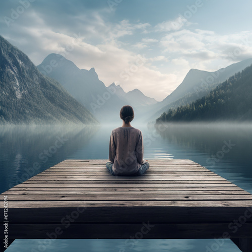 Woman or female sitting in lotus pose on a jetty pier looking at a lake, calm and contemplating meditation