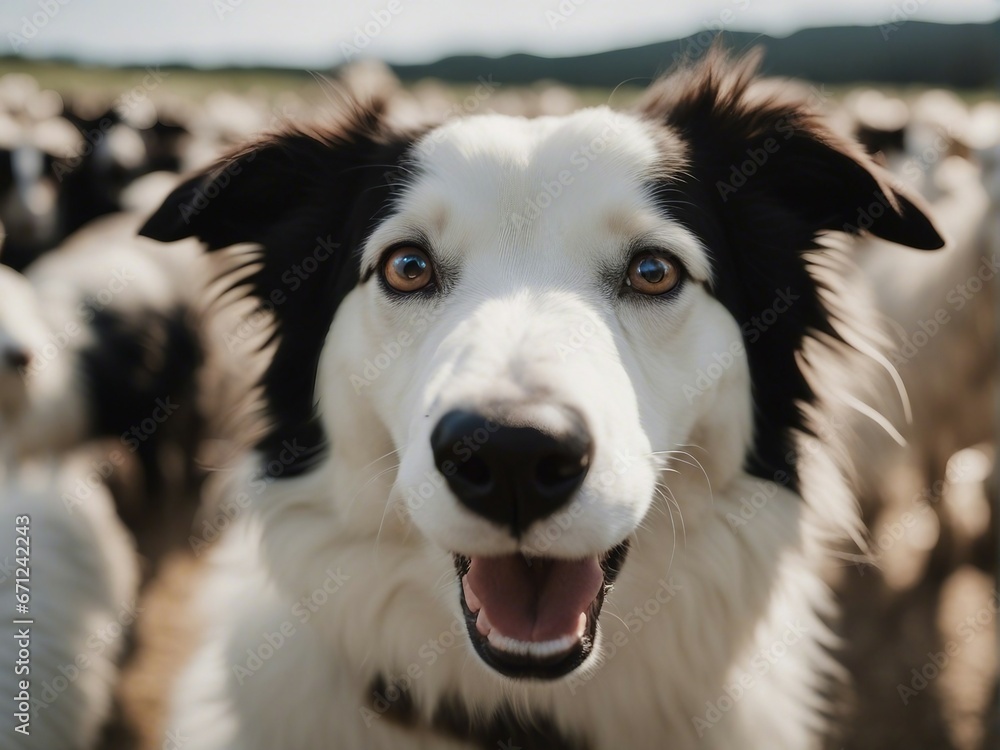 Fototapeta premium happy and smiling border collie sheepdog inside the sheeps blurred in the background 
