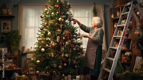 Happy grandmother decorating Christmas tree at home