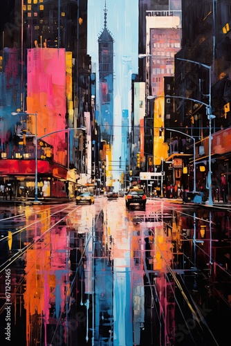 Colorful photos of the streets of the metropolis with skyscrapers and reflections in the water