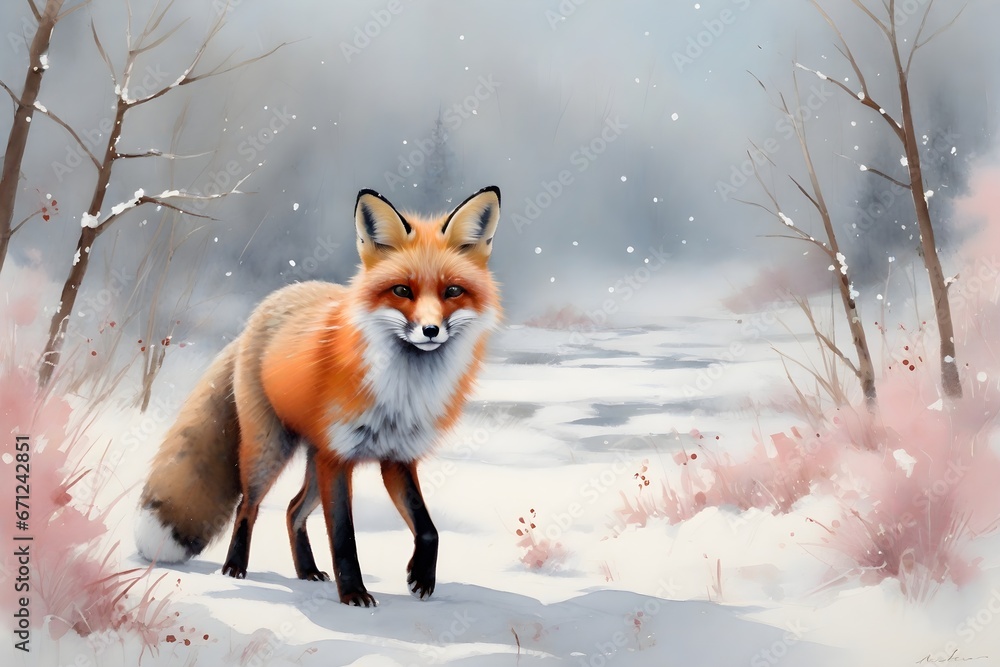 fox in the snow, gift card, background, generative A.I.