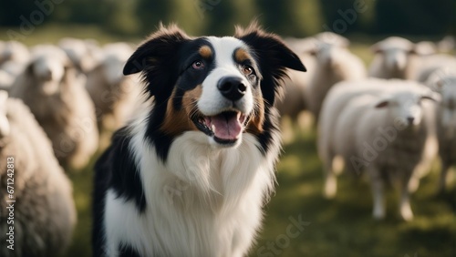 happy and smiling border collie sheepdog inside the sheeps blurred in the background 