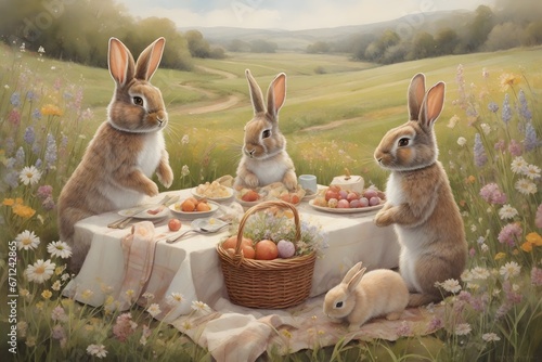 easter bunny and easter eggs, picnic, generative A.I. © Igor