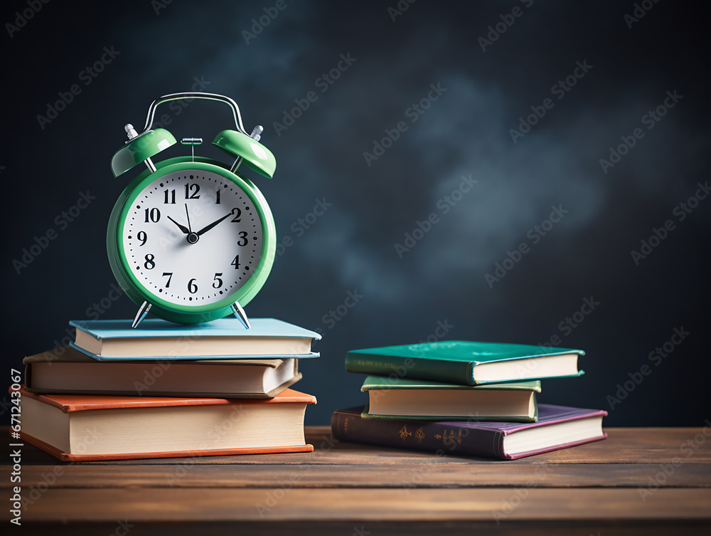 Clock and book on desk. Ready for school and Education concept. Clock and book on desk. Ready for school and Education concept.