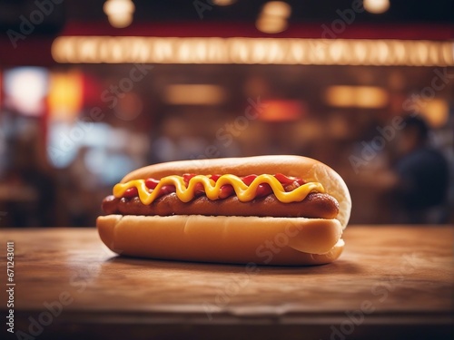  hot dog at fast food restaurant, food court, street restaurant. isolated blurry background 