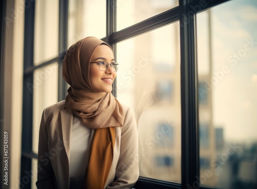 An oriental, Muslim girl in a headscarf looks out of a large window of a business centre