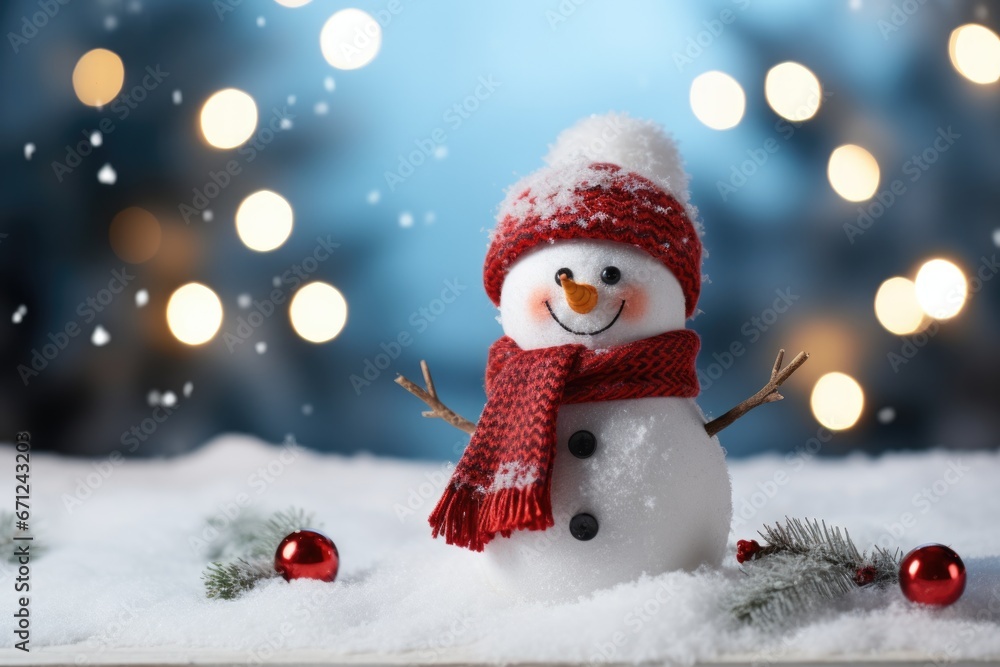 Beautiful snowman in a hat and scarf on the background of snow and Christmas lights