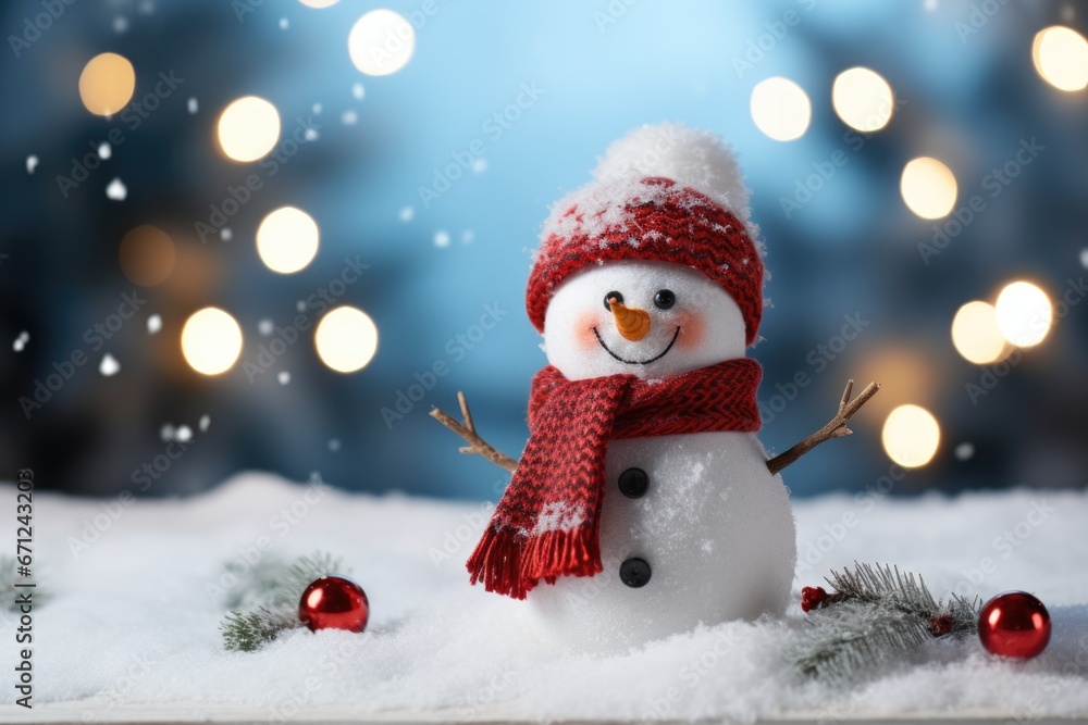 Beautiful snowman in a hat and scarf on the background of snow and Christmas lights Beautiful snowman in a hat and scarf on the background of snow and Christmas lights