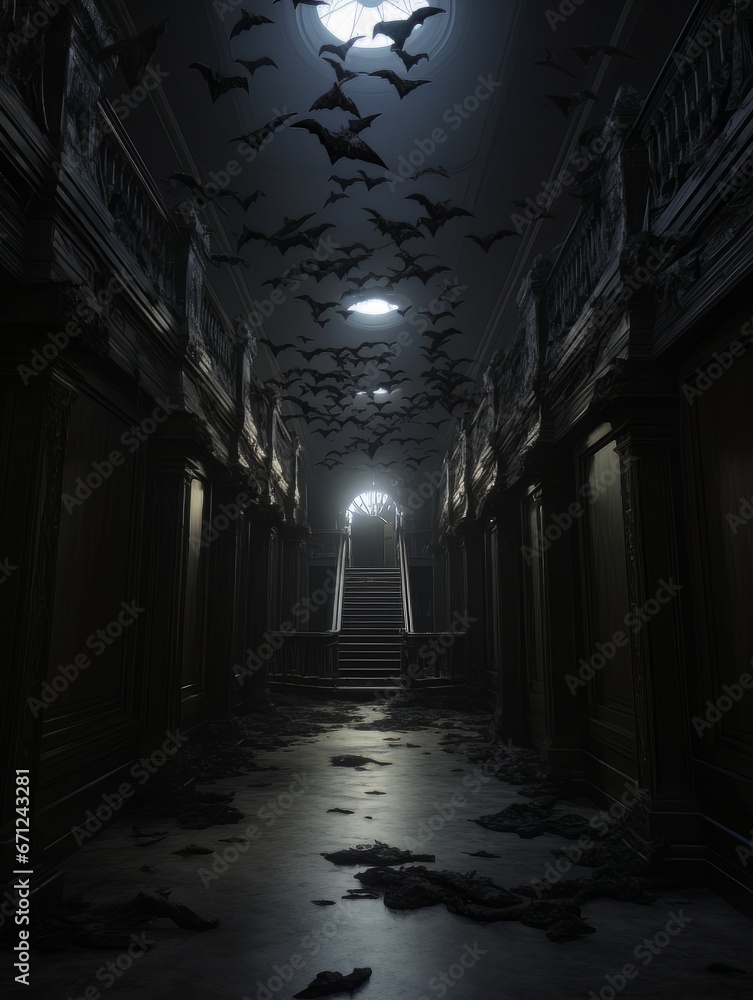 Gothic creepy room with bats in haunted castle. AI Gothic creepy room with bats in haunted castle. AI