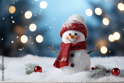 Beautiful snowman in a hat and scarf on the background of snow and Christmas lights © Alina Zavhorodnii