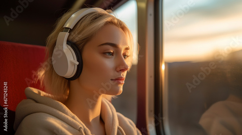 Beautiful young woman looking outside through a train window while listening to soothing music with headphones.Generative AI
