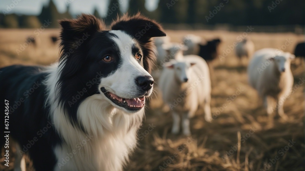happy and smiling border collie sheepdog inside the sheeps blurred in the background
happy and smiling border collie sheepdog inside the sheeps blurred in the background