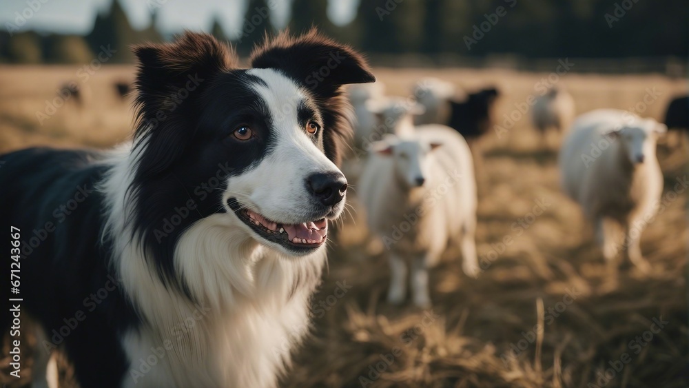 happy and smiling border collie sheepdog inside the sheeps blurred in the background
