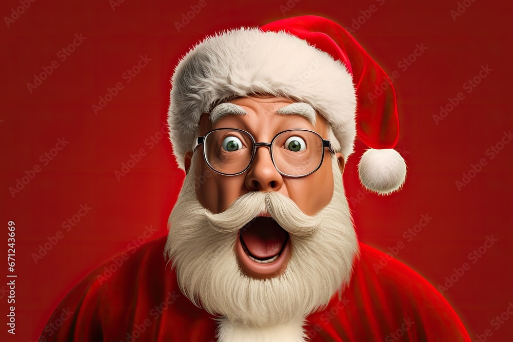 Santa Claus in the hat wonders. Surprised santa claus on red background, Santa Claus has big, surprised eyes. Santa Claus in the hat wonders. Surprised santa claus on red background, Santa Claus has big, surprised eyes.