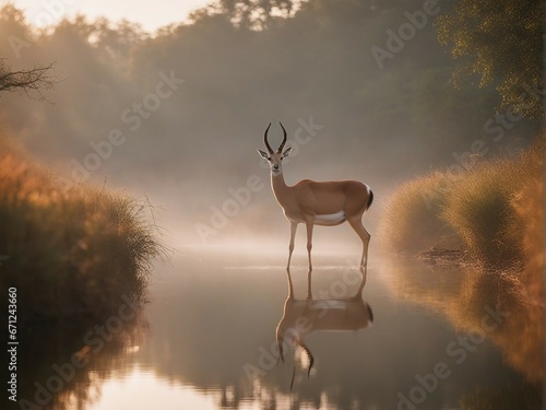 gazelle drinking from a foggy and cloudy river at sunrise