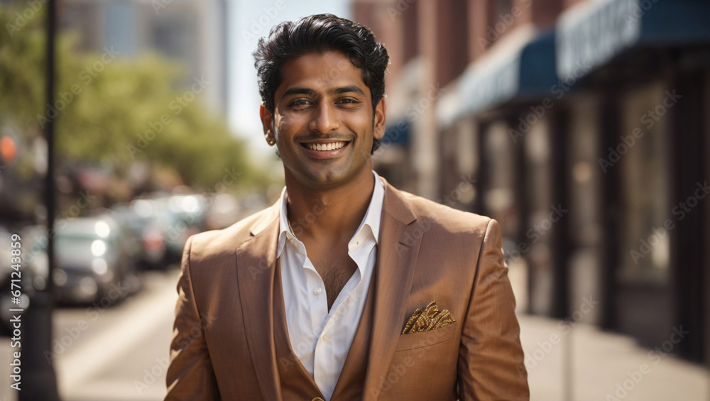 Fototapeta premium Bellissimo uomo di origini indiane sorridente e vestito con un abito elegante per l'ufficio in una strada di una città
