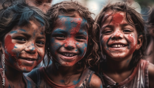 A carefree summer party with playful children covered in paint generated by AI