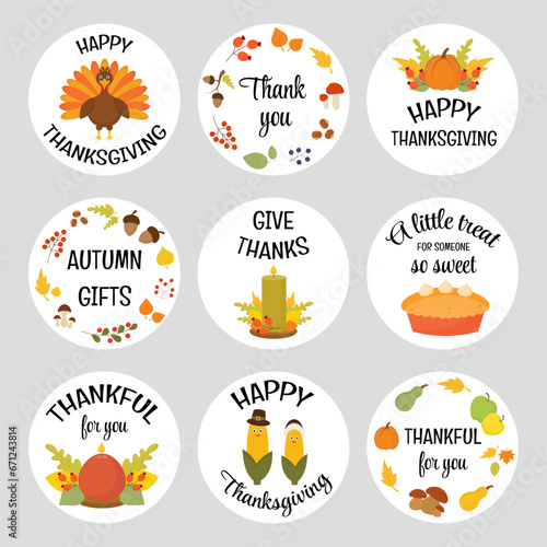 Thanksgiving badges and labels vector design elements set. Printable Thanksgiving tags and stickers. Thank you appreciation typography messages. Thanksgiving lettering autumn frames hand drawn style. 