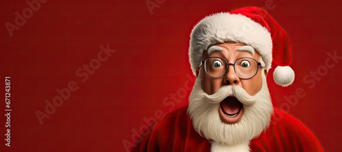 Santa Claus in the hat wonders. Surprised santa claus on red background, Christmas and new year holidays