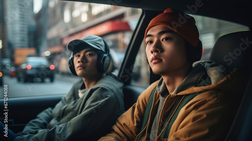 two young modern Asians sitting in the car while traveling , Generative AI