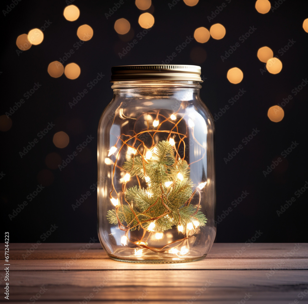A magical display captured in a jar, where twinkling Christmas lights emit a cozy and enchanting glow, evoking the warmth of the holiday season A magical display captured in a jar, where twinkling Christmas lights emit a cozy and enchanting glow, evoking the warmth of the holiday season