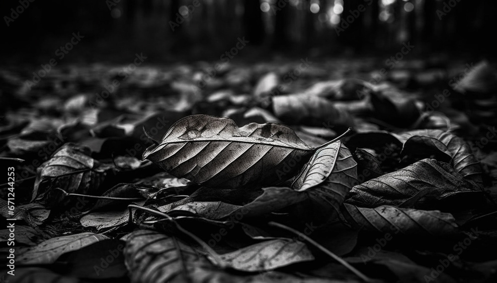 Autumn leaves falling, nature death in a monochrome forest generated by AI - obrazy, fototapety, plakaty 