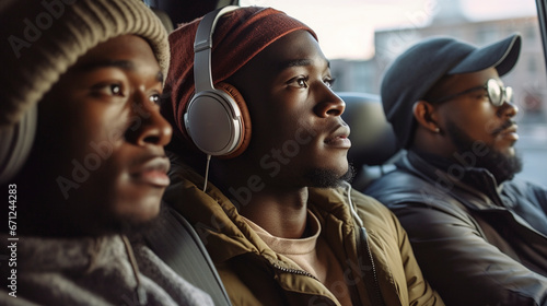 young African-American boys with headphones listening to modern music and looking out the window of the train while traveling, Generative IA