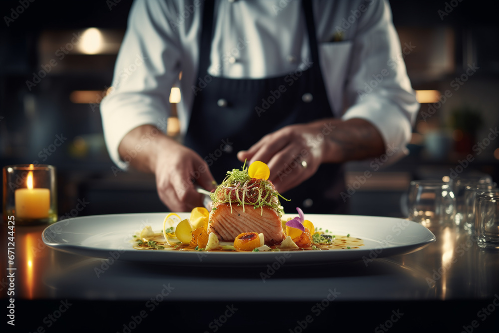 Chef sirviendo filete de salmón con limón y hierbas en un plato blanco