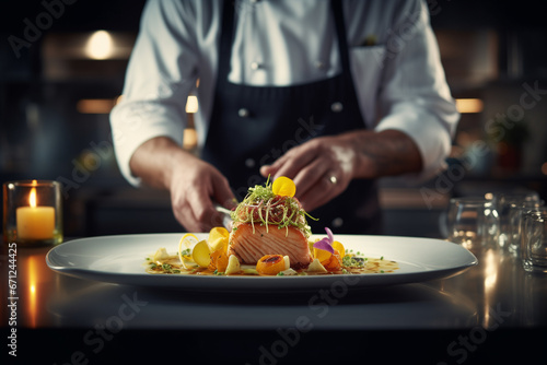 Chef sirviendo filete de salmón con limón y hierbas en un plato blanco