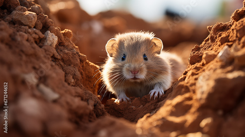 Hamster, mouse, lemming, rat on a hole in the ground. Close-up. photo
