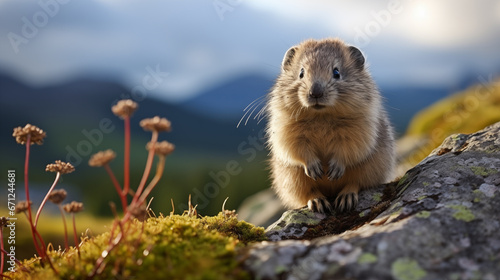 Marmot on a rock in the mountains at sunset. Russia