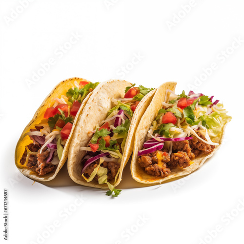 Mexican tacos with meat, vegetables and cilantro on white background. 