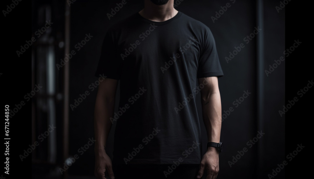 A muscular athlete exercising indoors, standing in a black studio generated by AI A muscular athlete exercising indoors, standing in a black studio generated by AI