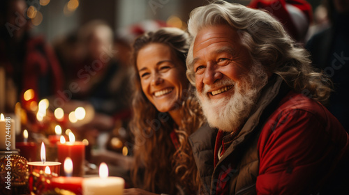 80 year old happy old man celebrating Christmas in a pub with his daughters