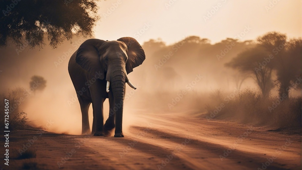 male African elephant with large fangs on the road