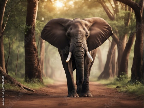 male African elephant with large fangs on the road