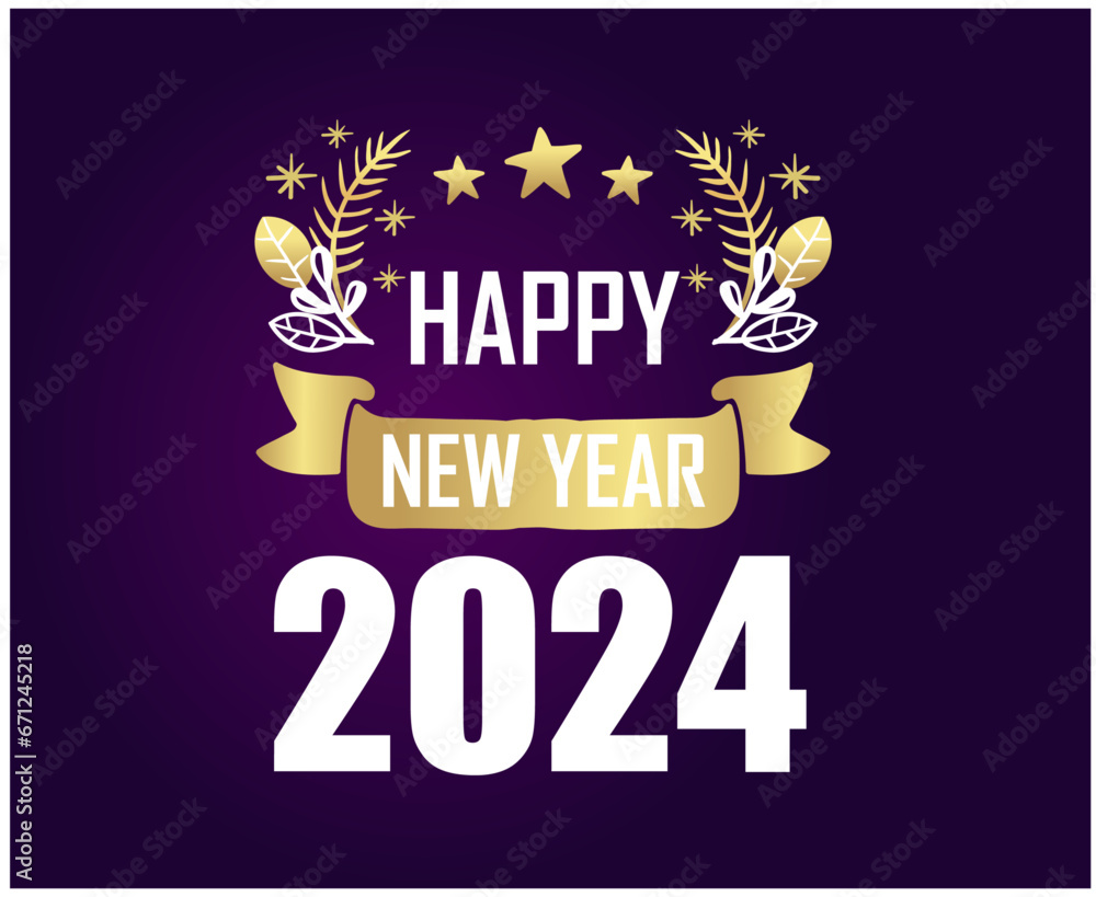 Happy New Year 2024 Abstract Gold And White Logo Symbol Design Vector Illustration With Purple Gradient Background