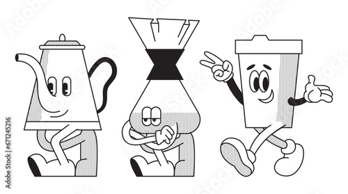 Set of retro cartoon funny characters mascot style. Vintage drink illustration. Latte, cappuccino, coffee cup, fresh juice mascot. Nostalgia 60, 70s, 80s. Print for cafe. Vector isolated on background