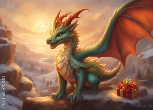 A hyper realistic cute cartoon dragon creature dressed for Christmas.Happy New Year 2024