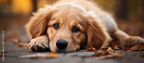 A high resolution picture capturing a dog laying down taken up close photo