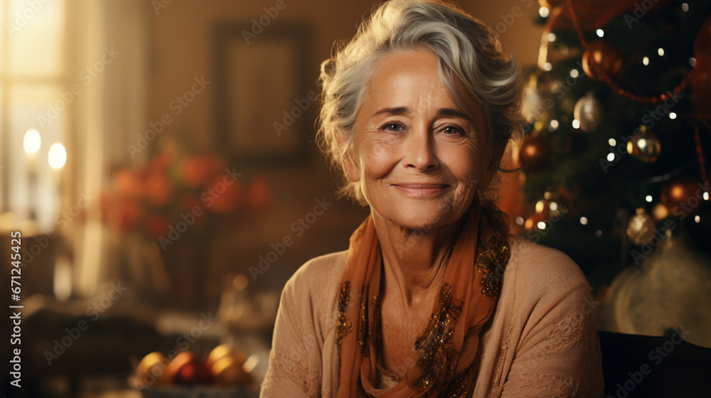 Happy modern women 80 years old, with Christmas tree decorations