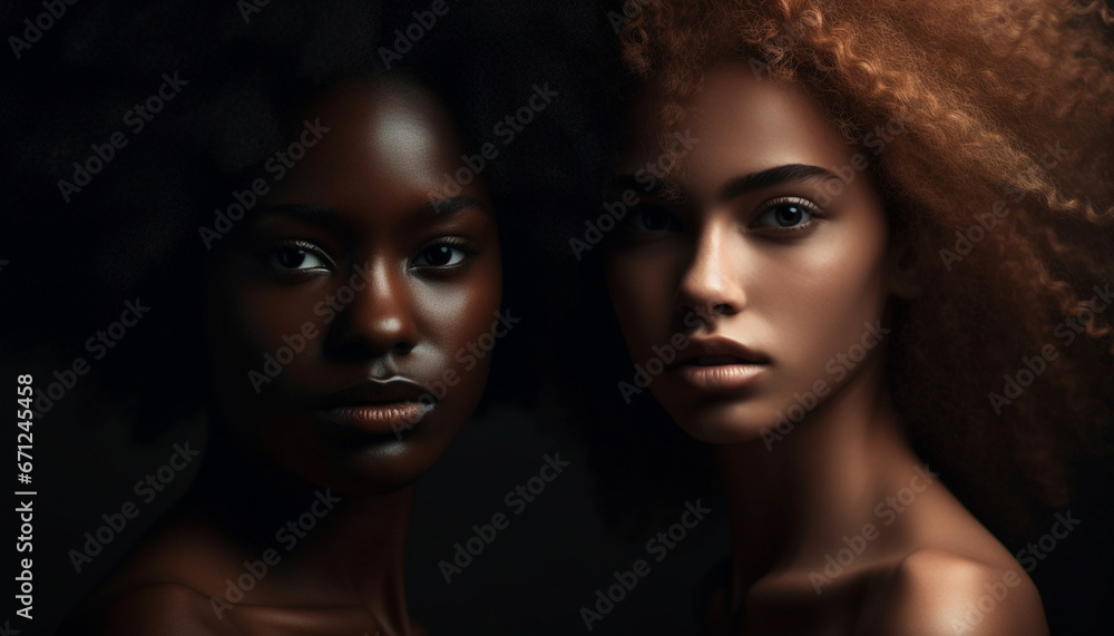 Beautiful young woman with curly hair, looking sensually at camera generated by AI Beautiful young woman with curly hair, looking sensually at camera generated by AI