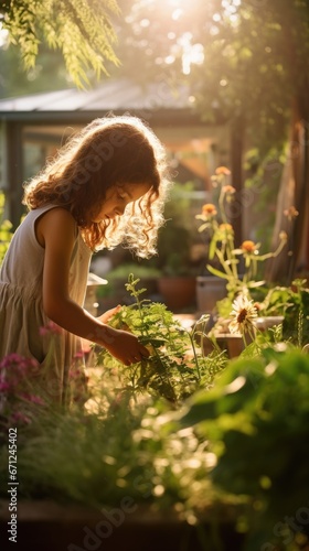 Side view of a child tending to a lush garden 