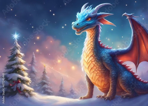 A hyper realistic cute cartoon dragon creature dressed for Christmas.Happy New Year 2024 © Лена Шевчук