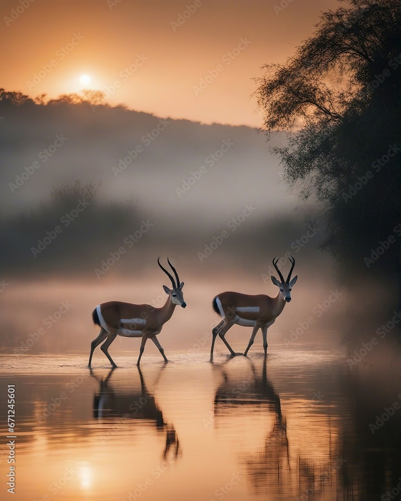 gazelle drinking from a foggy and cloudy river at sunrise