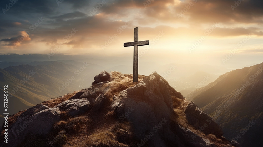 Cross at sunset on the top of the mountain with magical sunset sun light. Cross at sunset on the top of the mountain with magical sunset sun light.