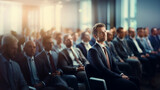 Networking business meeting of leadership in conference. Business people in suits at event with copy space. Businessmen in audience in a hall.