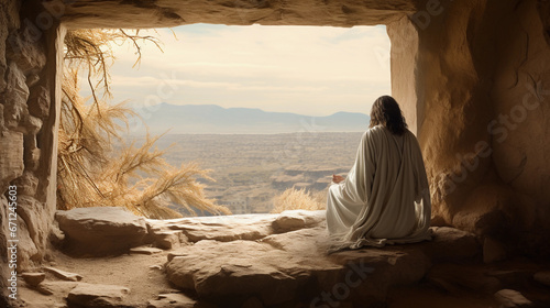 Jesus or rabbi praying in desert of Jerusalem, Israel at first century